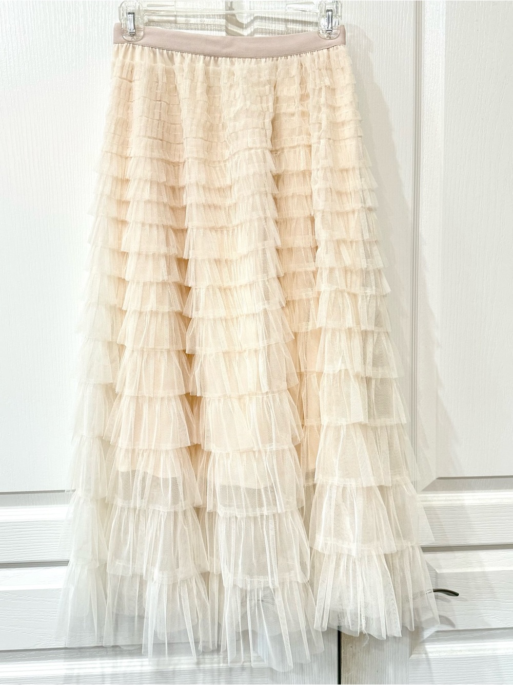 Tiered Tulle Cream Midi Skirt